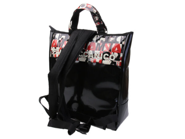 2 IN 1 BRIEFCASE AND BACKPACK BLACK WITH COLOURED LETTER FANTASY. MODEL HYBRID MADE OF LORRY TARPAULIN.