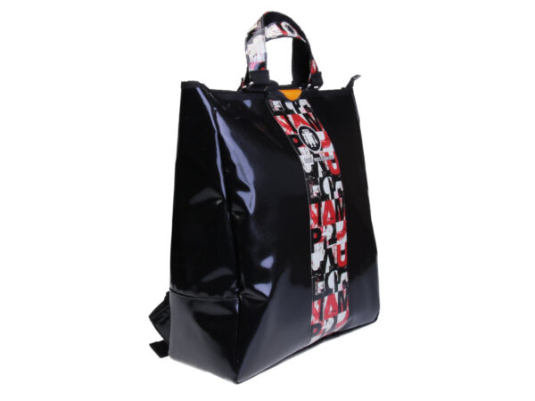 2 IN 1 BRIEFCASE AND BACKPACK BLACK WITH COLOURED LETTER FANTASY. MODEL HYBRID MADE OF LORRY TARPAULIN.