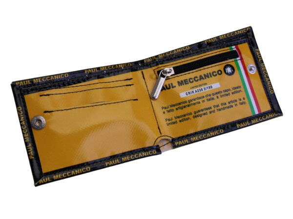 YELLOW MEN'S WALLET WITH LETTERING FANTASY. MODEL CRIK MADE OF LORRY TARPAULIN.