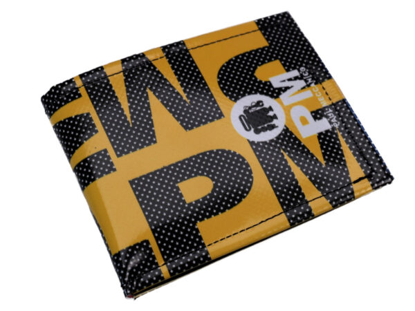 YELLOW MEN'S WALLET WITH LETTERING FANTASY. MODEL CRIK MADE OF LORRY TARPAULIN.