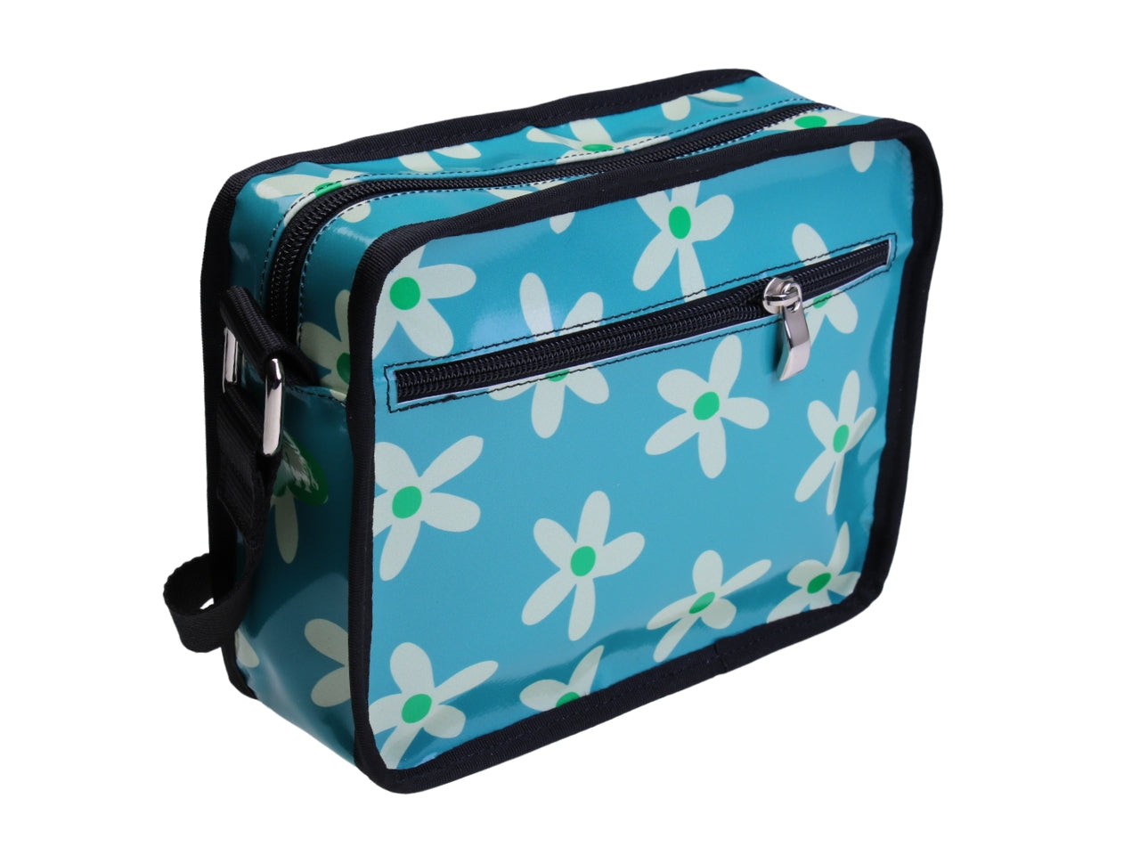 ..BORSA A TRACOLLA GENDERLESS VERDE ACQUA CON FANTASIA FLOREALE. MODELLO FRIK REALIZZATO CON TELONI DI CAMION.