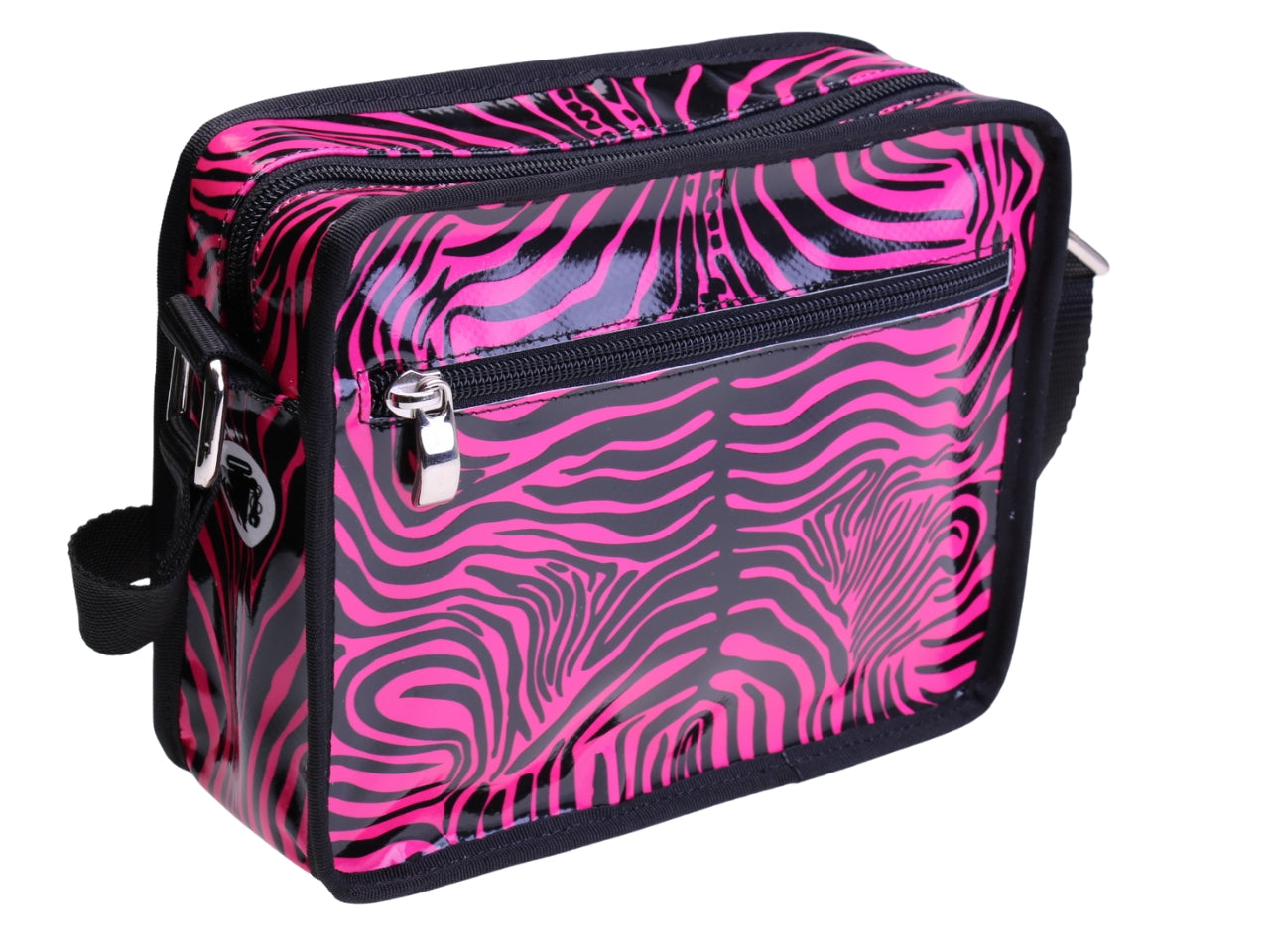 BORSA A TRACOLLA NERA E FUXIA CON FANTASIA ANIMALIER. MODELLO FRIK REALIZZATO CON TELONI DI CAMION.