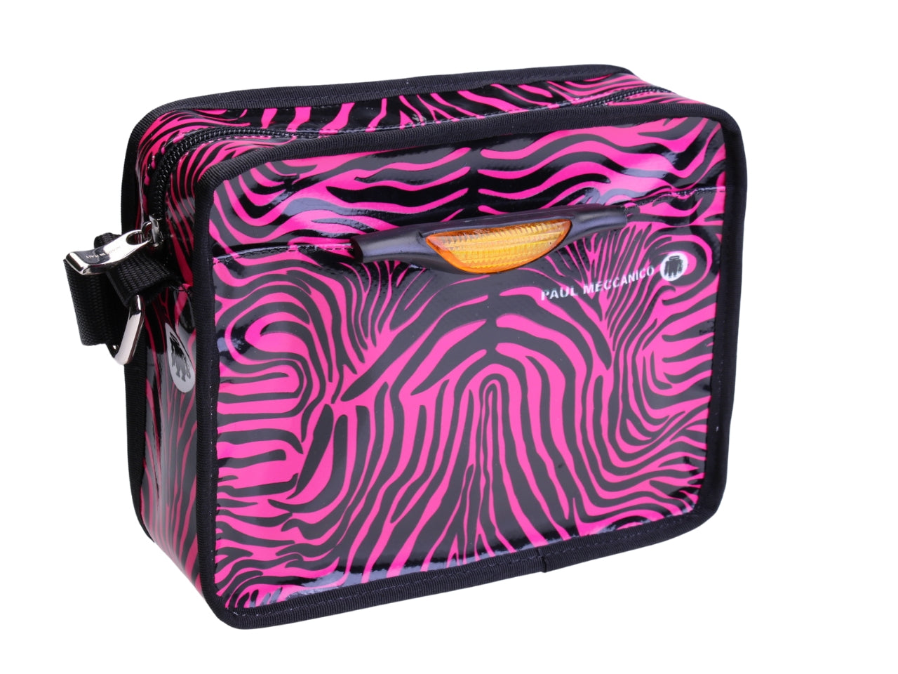 BORSA A TRACOLLA NERA E FUXIA CON FANTASIA ANIMALIER. MODELLO FRIK REALIZZATO CON TELONI DI CAMION.