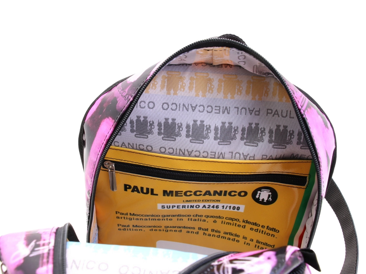 ...BLACK AND PINK BACKPACK WITH MURALES FANTASY. MODEL SUPERINO MADE OF LORRY TARPAULIN.