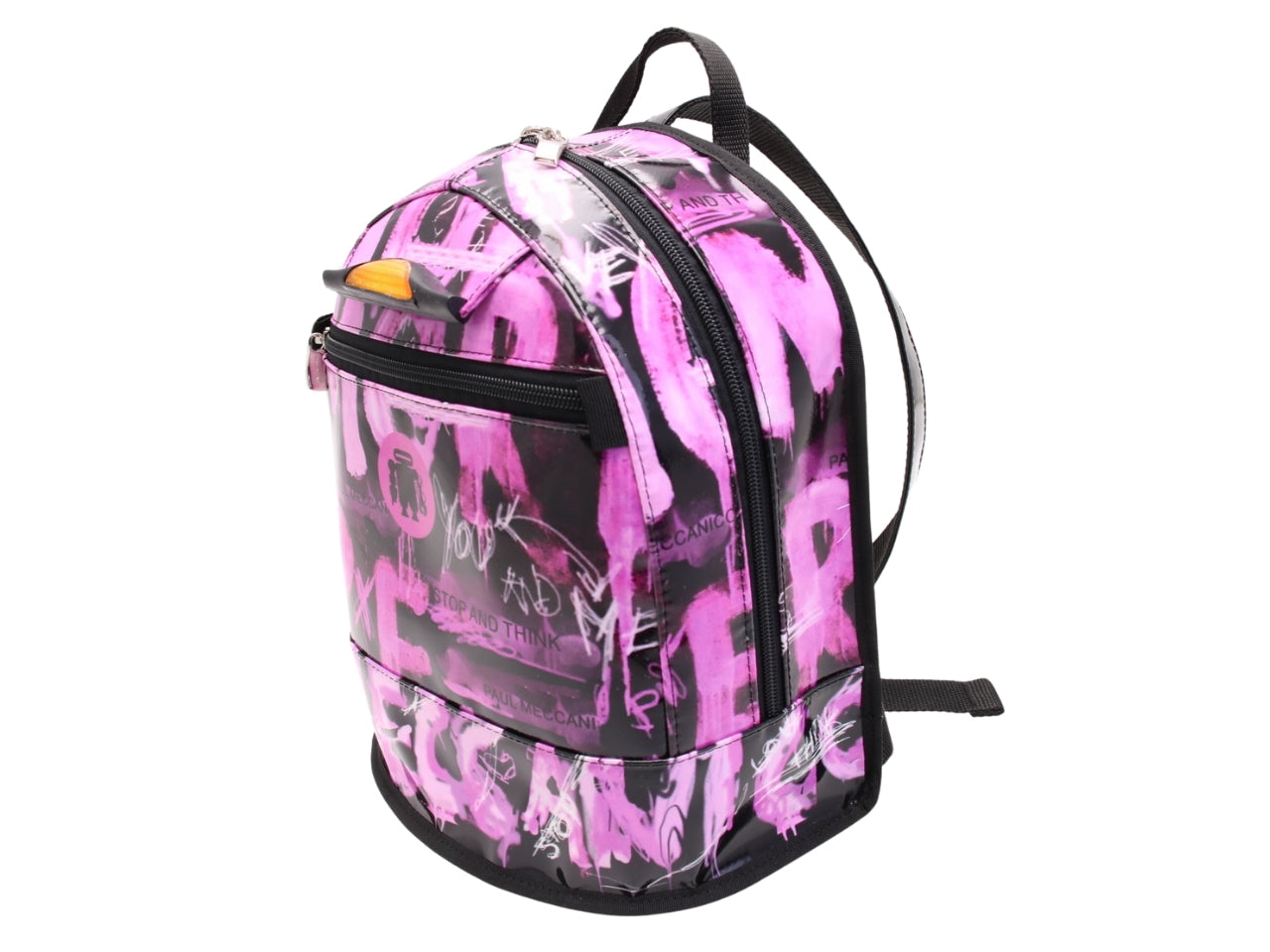 ...BLACK AND PINK BACKPACK WITH MURALES FANTASY. MODEL SUPERINO MADE OF LORRY TARPAULIN.