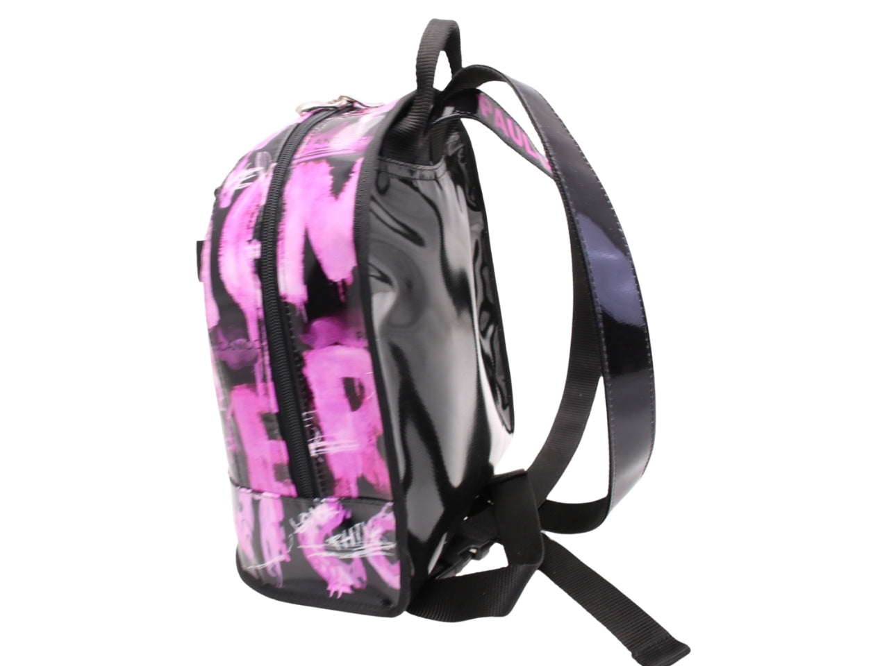 ...BLACK AND PINK BACKPACK WITH MURALES FANTASY. MODEL SUPERINO MADE OF LORRY TARPAULIN.
