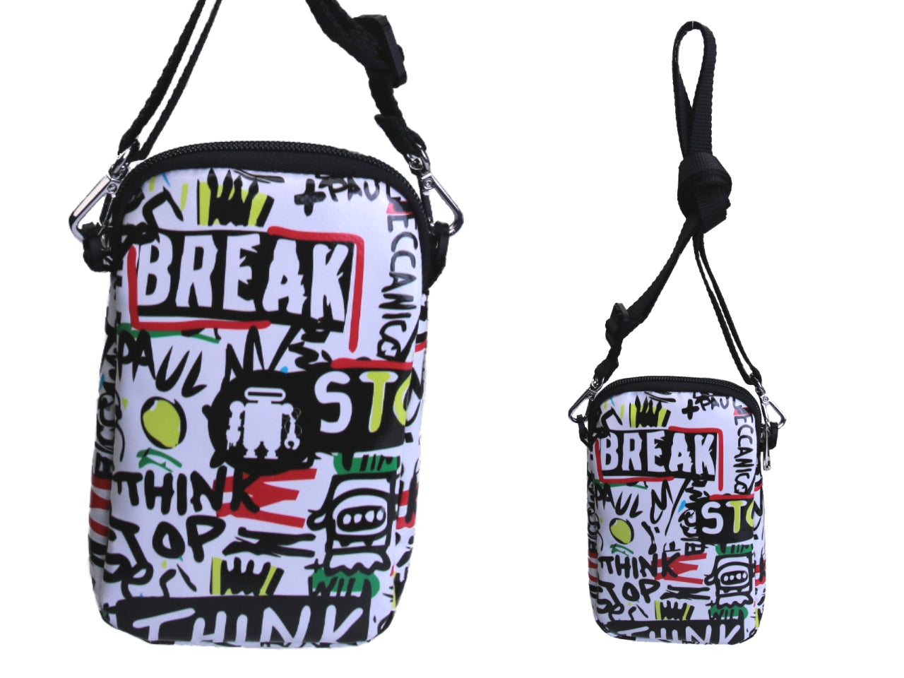 BLACK AND WHITE MOBILE PHONE BAG "STOP AND THINK".