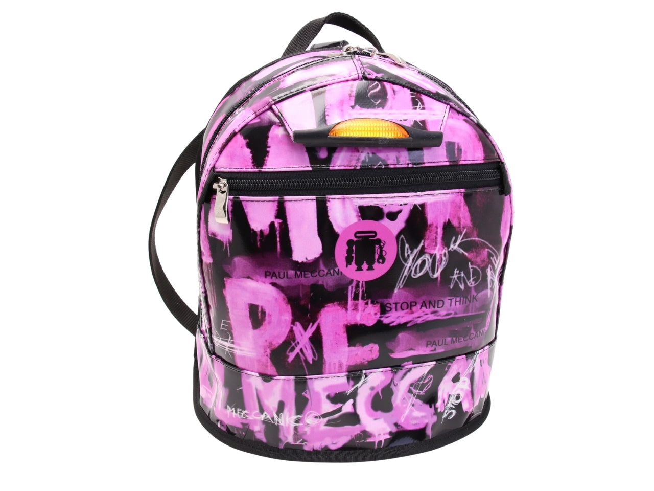 ...BLACK AND PINK BACKPACK WITH MURALES FANTASY. MODEL SUPERINO MADE OF LORRY TARPAULIN.