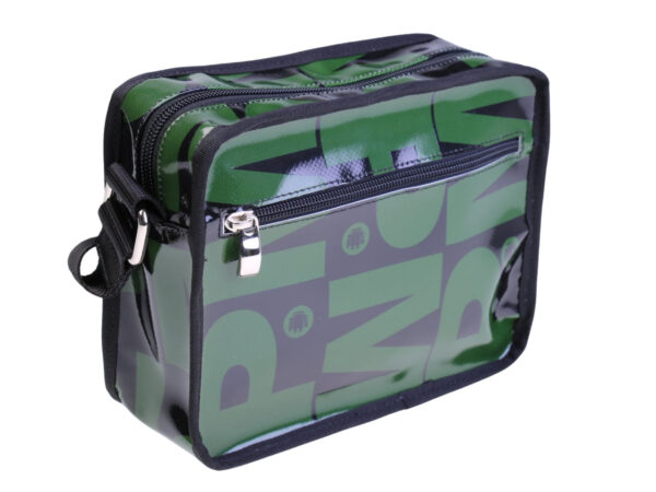 ..BLACK AND DARK GREEN GENDERLESS SHOULDER BAG WITH LETTERING FANTASY. MODEL FRIK MADE OF LORRY TARPAULIN.