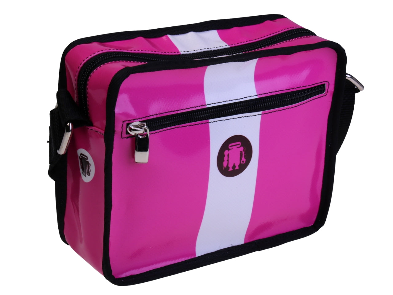 ...BORSA A TRACOLLA FUXIA E BIANCA. MODELLO FRIK REALIZZATO CON TELONI DI CAMION.