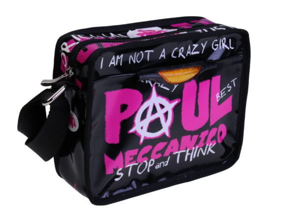 ..BLACK SHOULDER BAG ""I AM NOT A CRAZY GIRL". MODEL FRIK MADE OF LORRY TARPAULIN.