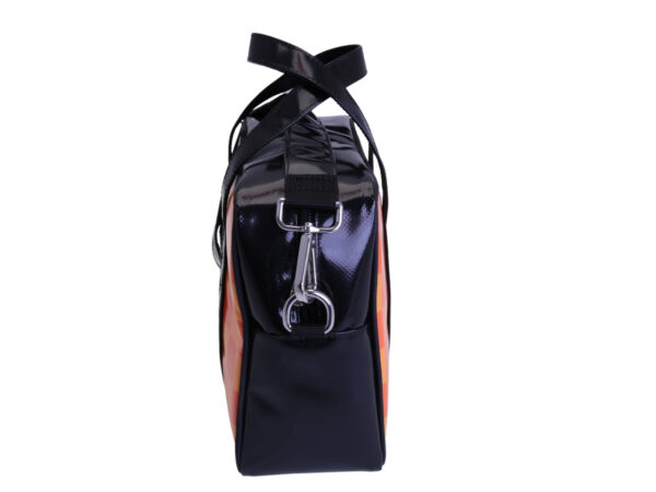 _ BLACK AND ORANGE RECTANGULAR WOMEN'S BAG WITH CHESS FANTASY. MODEL PINCA MADE OF LORRY TARPAULIN.