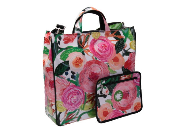 WHITE MAXI TOTE BAG WITH FLORAL FANTASY. MODEL AIRSTONE MADE OF LORRY TARPAULIN.