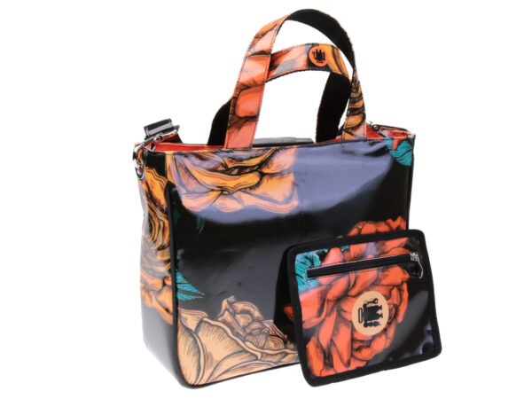 BLACK AND ORANGE TOTE BAG "ROSE". MODEL GLAM MADE OF LORRY TARPAULIN.