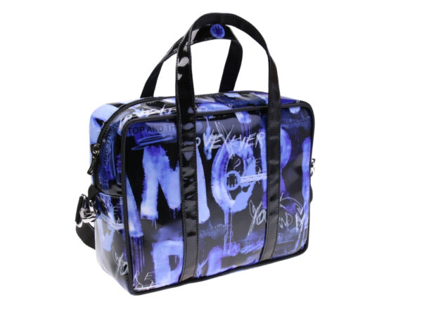 ....BLACK RECTANGULAR WOMEN'S BAG WITH MURALES FANTASY. MODEL PINCA MADE OF LORRY TARPAULIN.