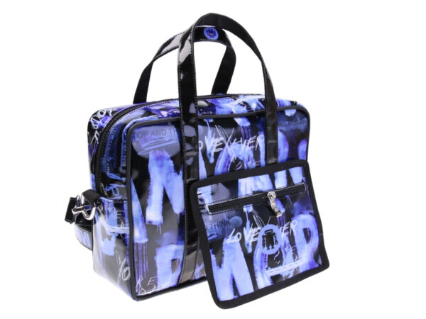 ....BLACK RECTANGULAR WOMEN'S BAG WITH MURALES FANTASY. MODEL PINCA MADE OF LORRY TARPAULIN.