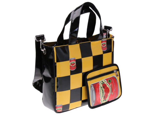 BLACK AND YELLOW TOTE BAG CHESS FANTASY "TOMATO". MODEL GLAM MADE OF LORRY TARPAULIN.