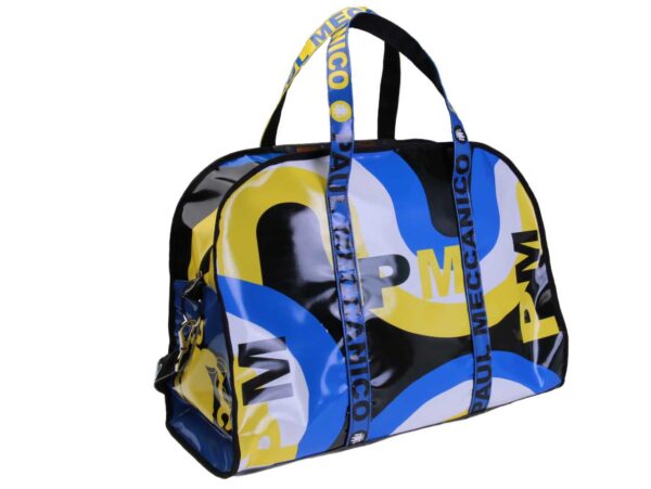 LARGE TRAVEL OR SPORTS BAG YELLOW, LIGHT BLUE AND BLACK COLOURS. MODEL RAID MADE OF LORRY TARPAULIN.