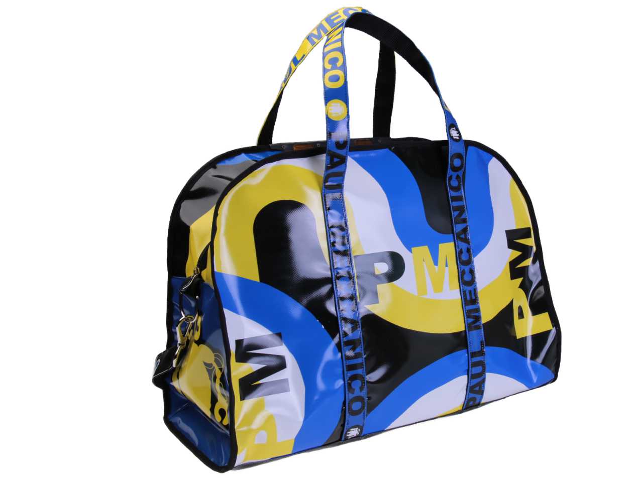 BORSA GRANDE DA VIAGGIO O SPORTIVA NEI COLORI GIALLO, AZZURRO E NERO. MODELLO RAID IN TELONE DA CAMION.