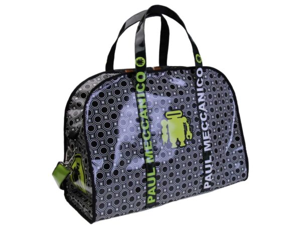 BLACK AND WHITE LARGE TRAVEL OR SPORTS BAG WITH GEOMETRIC FANTASY. MODEL RAID MADE OF LORRY TARPAULIN.