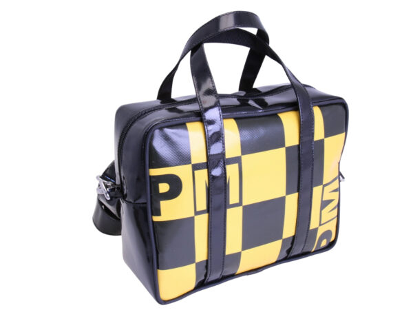 _ BLACK AND YELLOW RECTANGULAR WOMEN'S BAG WITH CHESS FANTASY. MODEL PINCA MADE OF LORRY TARPAULIN.