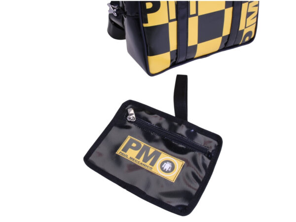 _ BLACK AND YELLOW RECTANGULAR WOMEN'S BAG WITH CHESS FANTASY. MODEL PINCA MADE OF LORRY TARPAULIN.