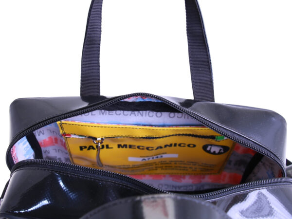 _ BLACK AND YELLOW RECTANGULAR WOMEN'S BAG WITH CHESS FANTASY. MODEL PINCA MADE OF LORRY TARPAULIN.