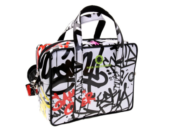BLACK AND WHITE RECTANGULAR WOMEN'S BAG WITH GRAFFITI FANTASY. MODEL PINCA MADE OF LORRY TARPAULIN.