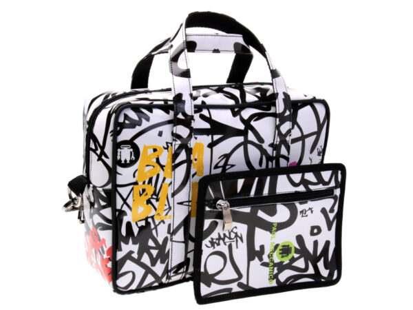 BLACK AND WHITE RECTANGULAR WOMEN'S BAG WITH GRAFFITI FANTASY. MODEL PINCA MADE OF LORRY TARPAULIN.