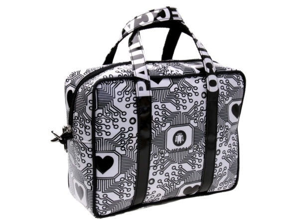 BLACK AND WHITE RECTANGULAR WOMEN'S BAG WITH GEOMETRIC FANTASY. MODEL PINCA MADE OF LORRY TARPAULIN.