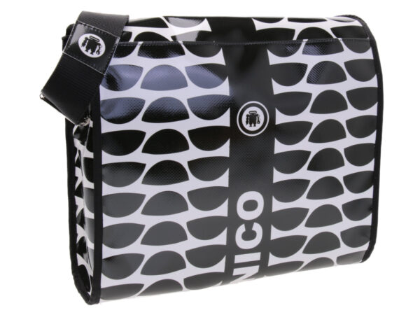 BLACK AND WHITE CROSSBODY BAG. MODEL BREAK MADE OF LORRY TARPAULIN.