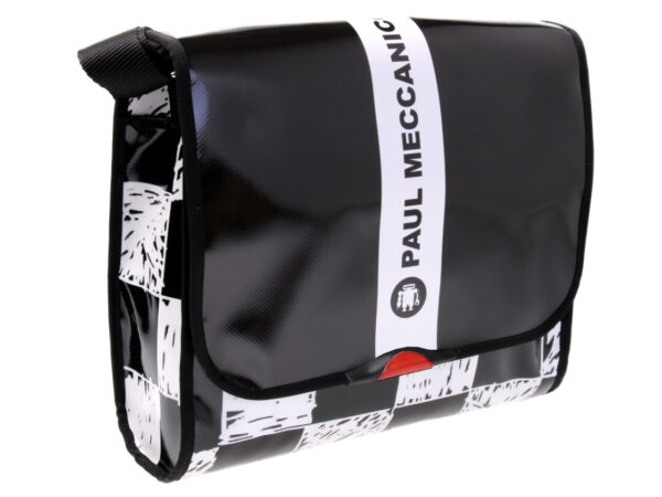 BLACK AND WHITE CROSSBODY BAG WITH CHESS FANTASY. MODEL BREAK MADE OF LORRY TARPAULIN.