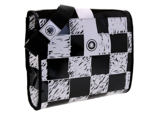 BLACK AND WHITE CROSSBODY BAG WITH CHESS FANTASY. MODEL BREAK MADE OF LORRY TARPAULIN.