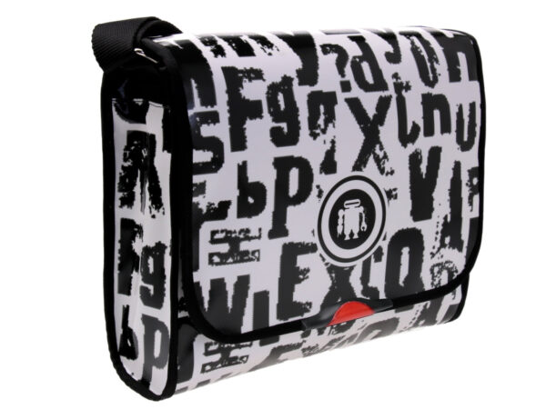 BLACK AND WHITE CROSSBODY BAG WITH LETTER FANTASY. MODEL BREAK MADE OF LORRY TARPAULIN.