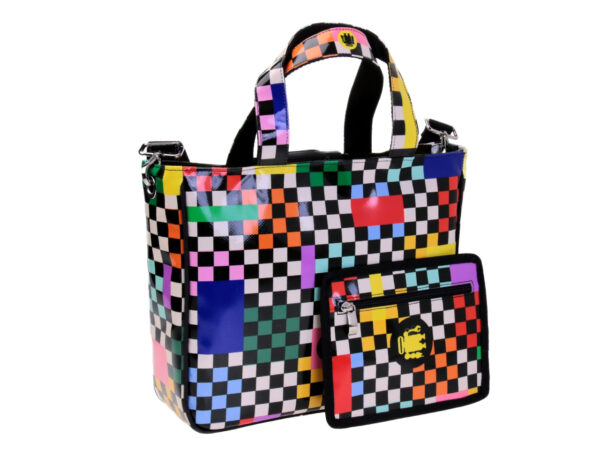 MULTICOLOR TOTE BAG WITH CHESS FANTASY. MODEL GLAM MADE OF LORRY TARPAULIN.