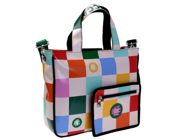 MULTICOLOR TOTE BAG WITH CHESS FANTASY. MODEL GLAM MADE OF LORRY TARPAULIN.