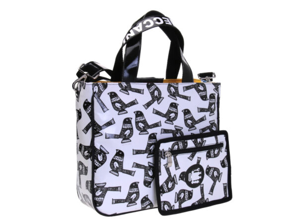 BLACK AND WHITE TOTE BAG "BIRDS". MODEL GLAM MADE OF LORRY TARPAULIN.