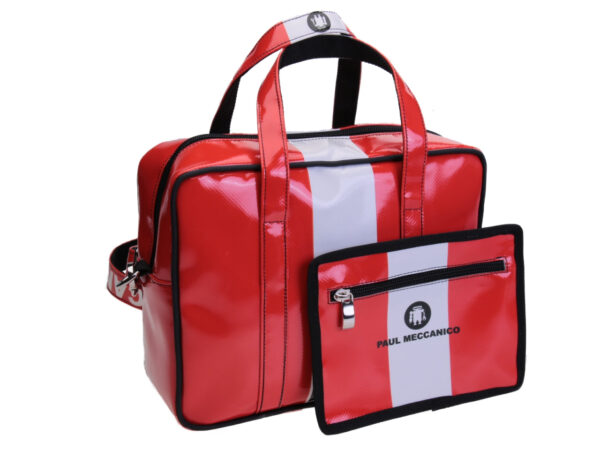 RED AND WHITE RECTANGULAR WOMEN'S BAG. MODEL PINCA MADE OF LORRY TARPAULIN.