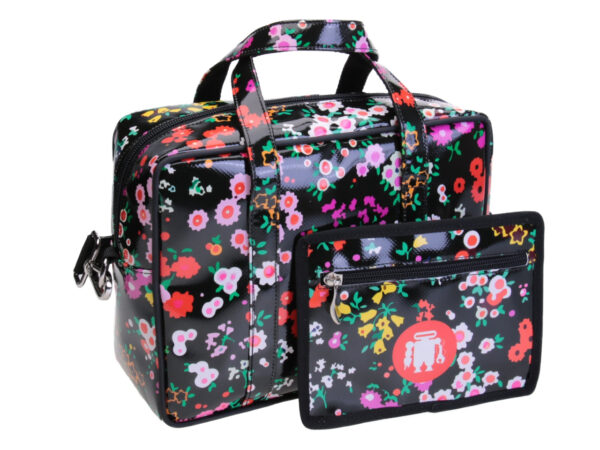 BLACK RECTANGULAR WOMEN'S BAG WITH FLORAL FANTASY. MODEL PINCA MADE OF LORRY TARPAULIN.