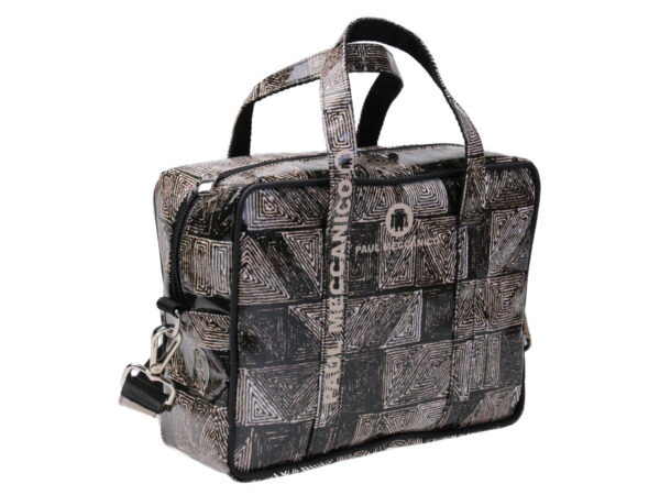 RECTANGULAR WOMEN'S BAG BEIGE AND BROWN COLOURS WITH AFRO FANTASY. MODEL PINCA MADE OF LORRY TARPAULIN.
