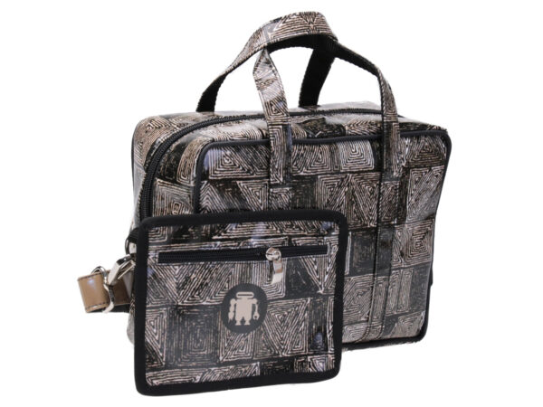 RECTANGULAR WOMEN'S BAG BEIGE AND BROWN COLOURS WITH AFRO FANTASY. MODEL PINCA MADE OF LORRY TARPAULIN.
