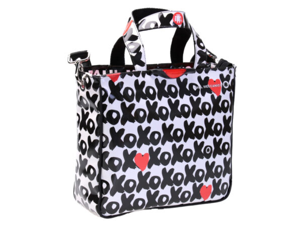 TOTE BAG BLACK AND WHITE "XOXO". MODEL GLAM MADE OF LORRY TARPAULIN.