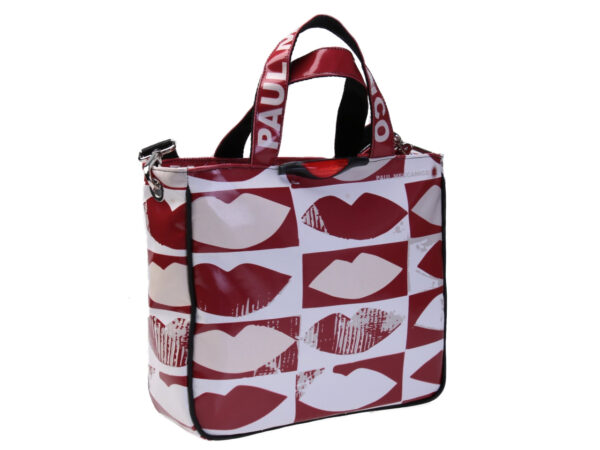 TOTE BAG BORDEAUX AND ECRU "KISS". MODEL GLAM MADE OF LORRY TARPAULIN.