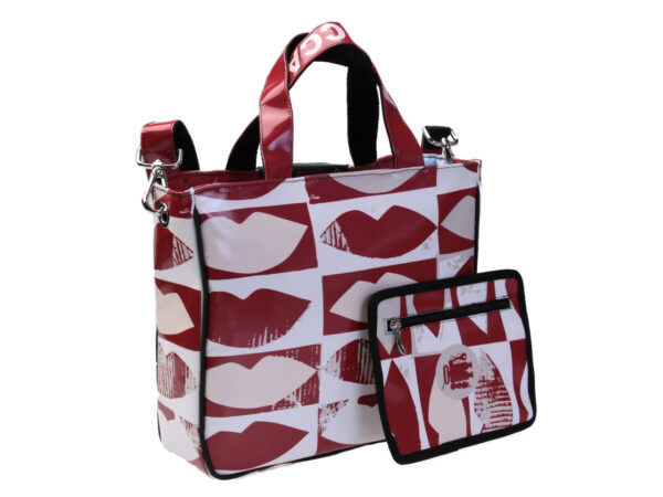 TOTE BAG BORDEAUX AND ECRU "KISS". MODEL GLAM MADE OF LORRY TARPAULIN.