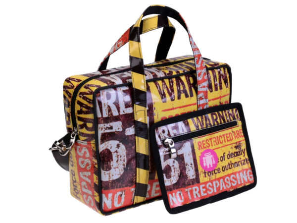 RECTANGULAR WOMEN'S BAG "RESTRICTED AREA". MODEL PINCA MADE OF LORRY TARPAULIN.