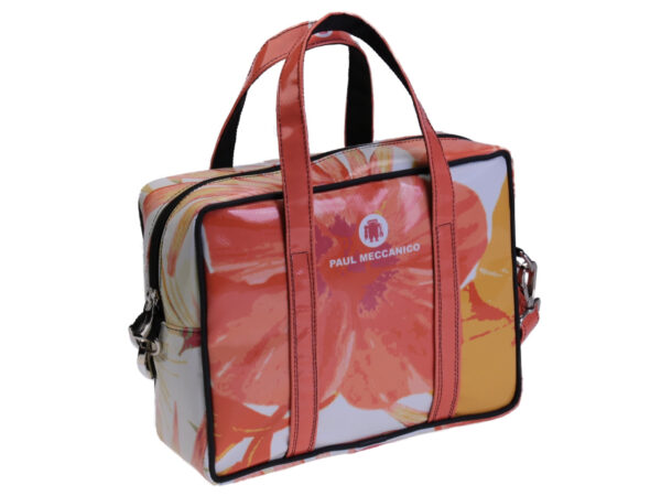 RECTANGULAR WOMEN'S BAG WHITE AND ORANGE WITH FLORAL FANTASY. MODEL PINCA MADE OF LORRY TARPAULIN.