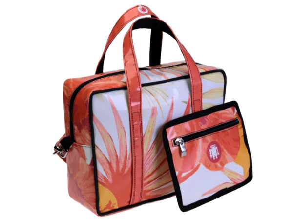 RECTANGULAR WOMEN'S BAG WHITE AND ORANGE WITH FLORAL FANTASY. MODEL PINCA MADE OF LORRY TARPAULIN.