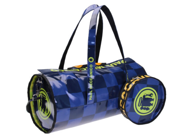 BLUE AND GREEN SPORTS BAG WITH CHESS FANTASY. MODEL ROLLING MADE OF LORRY TARPAULIN.