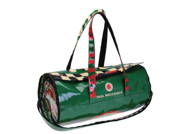 DARK GREEN GYM BAG "GRAND PRIX" STYLE. ROLLING MODEL MADE OF LORRY TARPAULIN.