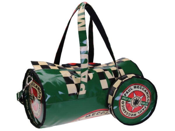 DARK GREEN GYM BAG "GRAND PRIX" STYLE. ROLLING MODEL MADE OF LORRY TARPAULIN.